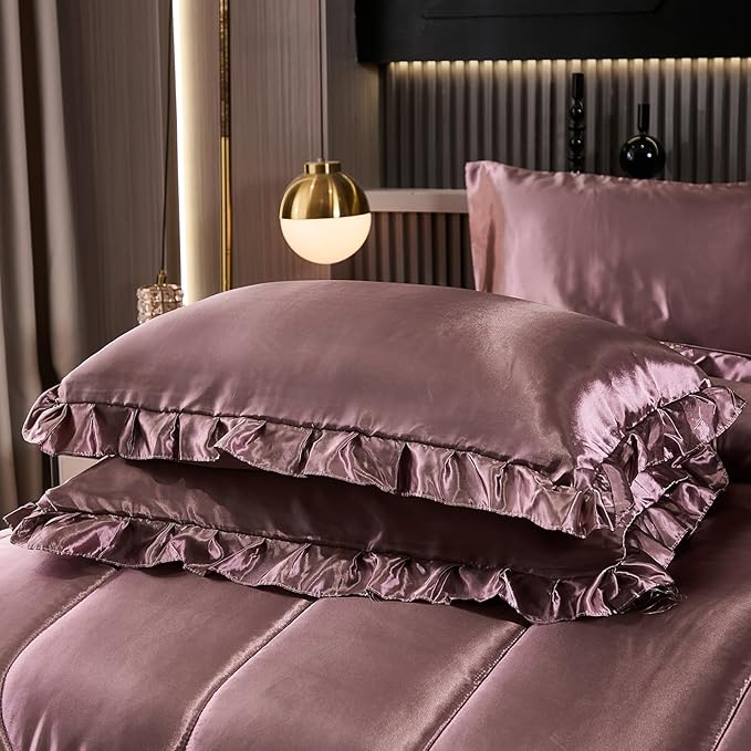 Silk Like Satin Comforter Set with Sheet Set Queen Size 8 Pieces Blush Pink Satin Bedding Set Silky Ruffle Pattern Home Deocr Luxury Silky Comforter Set with 1 Cushion Cover