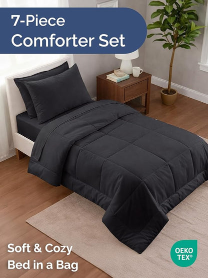 Twin Comforter Set - 5 Piece Bed in a Bag Twin Size Bed Set - Down Alternative Comforter, Flat Sheet, Fitted Sheet, Pillowcase & Sham for All Seasons - Ultra Soft, Cozy, Comfy and Breathable - Black