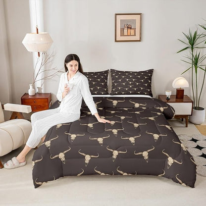 Erosebridal Bull Skull Comforter Set Toddler Ethnic Bohemian Bedding for Men Boys | Tribal Steer Skull Wildlife Aztec Bedroom Decor Farmhouse Cabin Lodge Duvet Insert with 1 Pillow Case,Brown