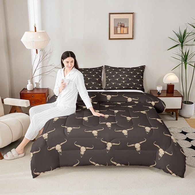 Erosebridal Bull Skull Comforter Set Twin Ethnic Bohemian Bedding for Men Boys | Tribal Steer Skull Wildlife Aztec Bedroom Decor Farmhouse Cabin Lodge Duvet Insert with 1 Pillow Case,Brown