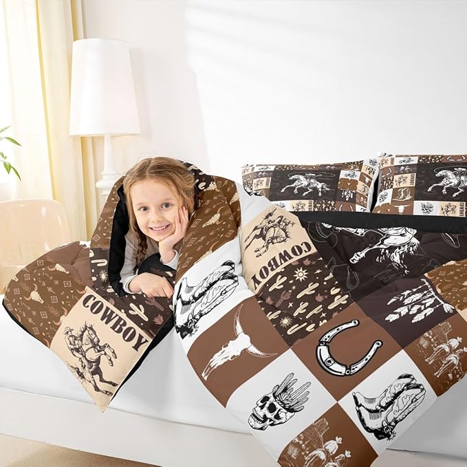 Cowboy Comforter Set King Size,Western Bedding For Boys,Bull Skull Horse Bedding Comforter Sets,Boho Arrows Feather Quilt Set Brown Plaid Grid Print Duvet For Kids Teens Room Decor,2 Pillowcases