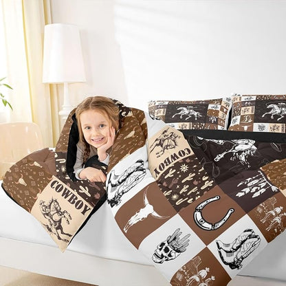 Cowboy Comforter Set King Size,Western Bedding For Boys,Bull Skull Horse Bedding Comforter Sets,Boho Arrows Feather Quilt Set Brown Plaid Grid Print Duvet For Kids Teens Room Decor,2 Pillowcases
