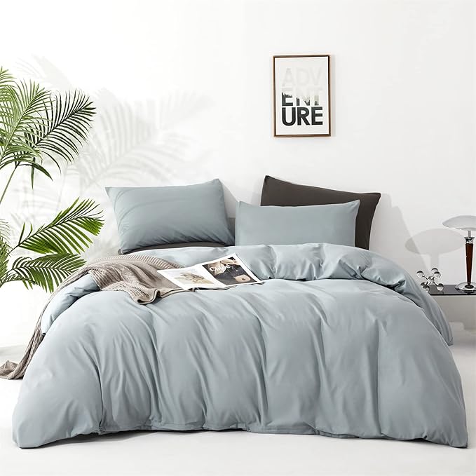 KAREVER Dusty Blue Comforter Set Queen Size 3 Pieces Solid Blue Queen Comforter Bedding Set Women Light Blue Queen Bed Comforter Set All Season Gift