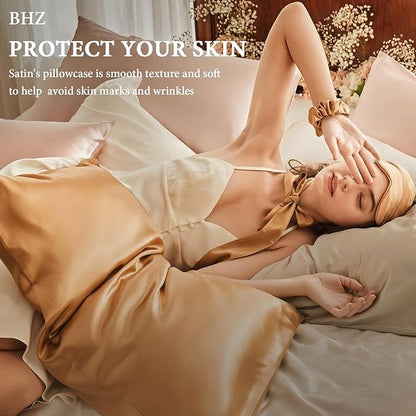 BHZ White Satin Goose Down Feather Pillows Queen Size with Pillowcase for Hair and Skin, Cooling Pillow Cases Similar to Silk Pillow Cases, Decorative for Women, Mom Men