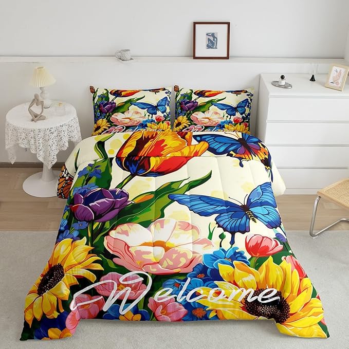 Erosebridal Watercolor Flowers Down Comforter Queen Sunflower Butterfly Comforter Set Retro Rustic Garden Style Floral Bedding Set for Teen Girls Women Boho Exotic Blossom Quilt Duvet 3 Pcs