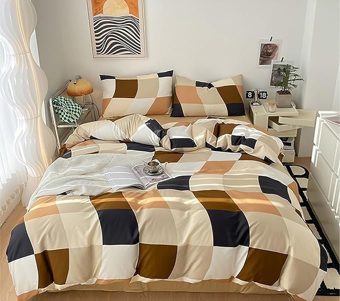 KAREVER Checkerd Comforter Brown Twin Multicolored Grid Bedding Kids Khaki Grid Bed Blanket White Black Plaid Buffalo Girls Twin Bedding Comforter All Season Hotel Quality