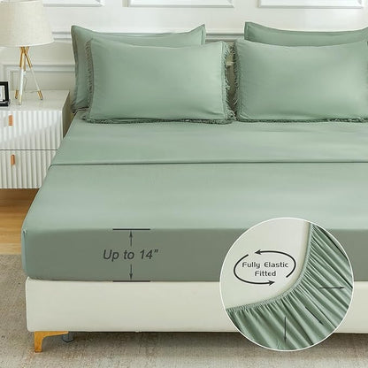 Andency Oversized King Comforter Set with Sheets 120x120 Sage Green - 7 Pieces Boho Tassel Bed in a Bag Soft Lightweight Bedding Sets, Fringe Bed Set with Comforter, Sheets, Pillowcases & Shams