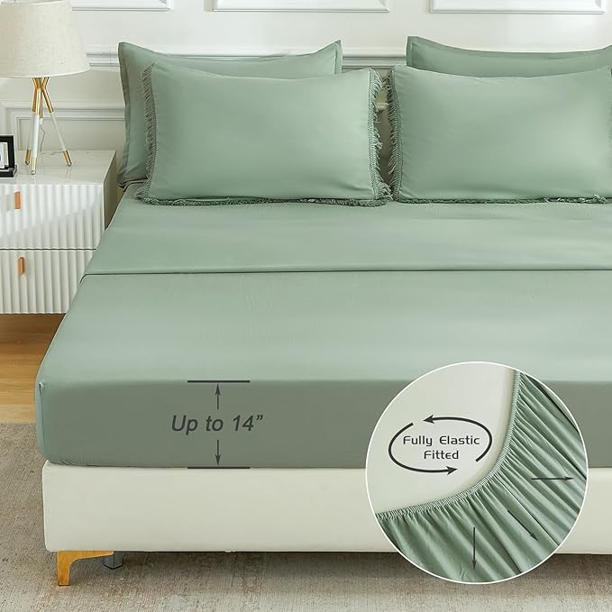 Andency Oversized King Comforter Set Sage Green 120x98-7 Pieces Boho Tassel Bed in a Bag Soft Lightweight Bedding Sets, Fringe All Season Bed Set with Comforter, Sheets, Pillowcases & Shams