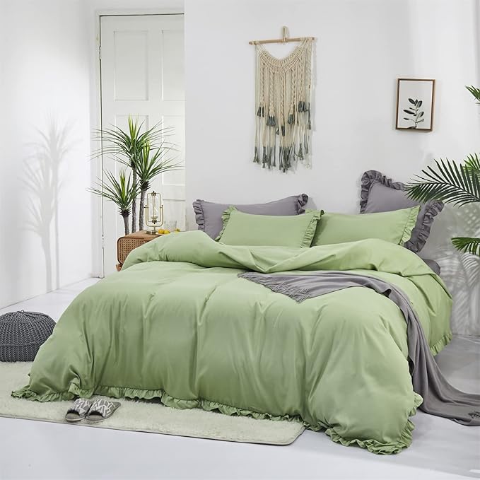 CLOTHKNOW Green Ruffle Comforter Twin/Twin XL Sage Green Bedding Comforter Sets Farmhouse Shabby Chic Comforter Set Vintage Rustic Soft
