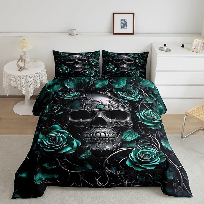 Erosebridal Gothic Bedding Set for Adluts Kids Teens Halloween Goth Skull Queen Comforter Set Vintage Victorian Romantic Turquoise Rose Floral Quilt Spooky Skeleton Boho Horror Bedding,Gothic Decor