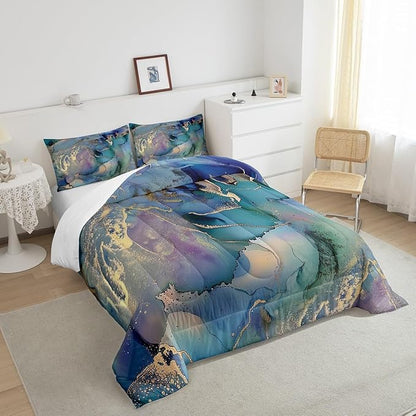 Erosebridal Golden Marble Grain Bedding Set Twin,Gradient Marble Texture Duvet Insert Marble Pattern Printed Abstract Comforter Set Ink Fluid Art Down Comforter Pastel Purple Teal Green Marble Decor