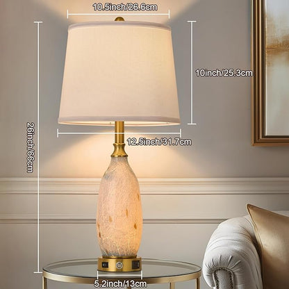 AIDENOEY 26" Modern Art Glass Table & Bedside Lamp, Stepless Dimmable Base + Dimmable 3-Color Light, USB A/C Charging Ports, Touch Control & Switch for Bedroom, Living Room, Office, Study