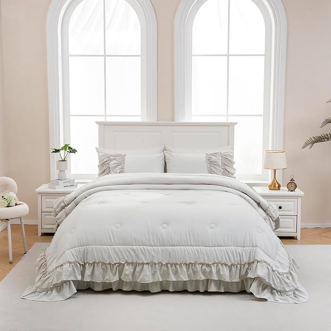 Beige Comfrter Set Queen Size Boho Bedding Comforter Shabby Chic 2 Layers Ruffles Home Decor Farmhouse Bedding Bohemian Bed Comforter