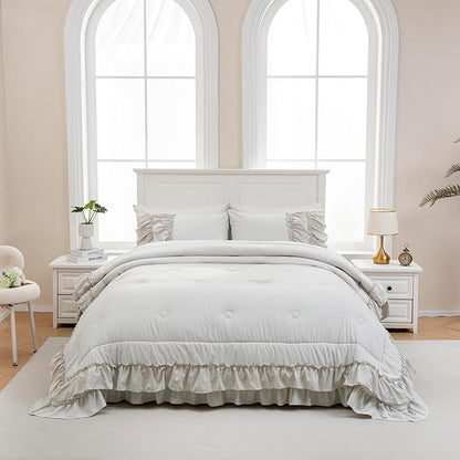 Beige Comfrter Set Queen Size Boho Bedding Comforter Shabby Chic 2 Layers Ruffles Home Decor Farmhouse Bedding Bohemian Bed Comforter