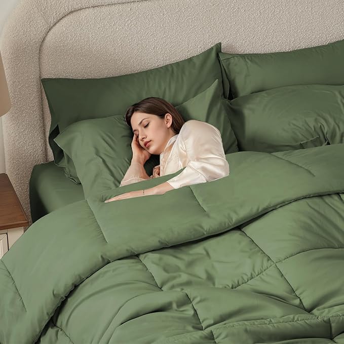 Anluoer Full Size Bed in a Bag 7 Pieces, Olive Green Bed Comforter Set with Sheets, All Season Bedding Sets with 1 Comforter,2 Pillow Shams,2 Pillowcases, 1 Flat Sheet,1 Fitted Sheet