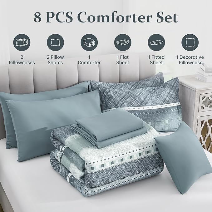 WONGS BEDDING 8 Piece King Size Comforter Set, Blue Striped Bed in a Bag Comforter and Sheet Set, Boho Lightweight Microfiber Bedding Set for All Season (90"×104")
