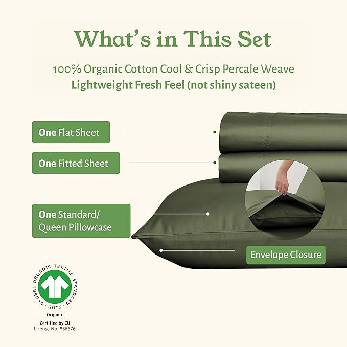 California Design Den Twin XL Sheets Cotton Set - Soft 100% Organic Cotton Sheets, Deep Pockets, Crisp Percale, Breathable and Durable Bedding Set for Dorms, Hospitals - Olive Green