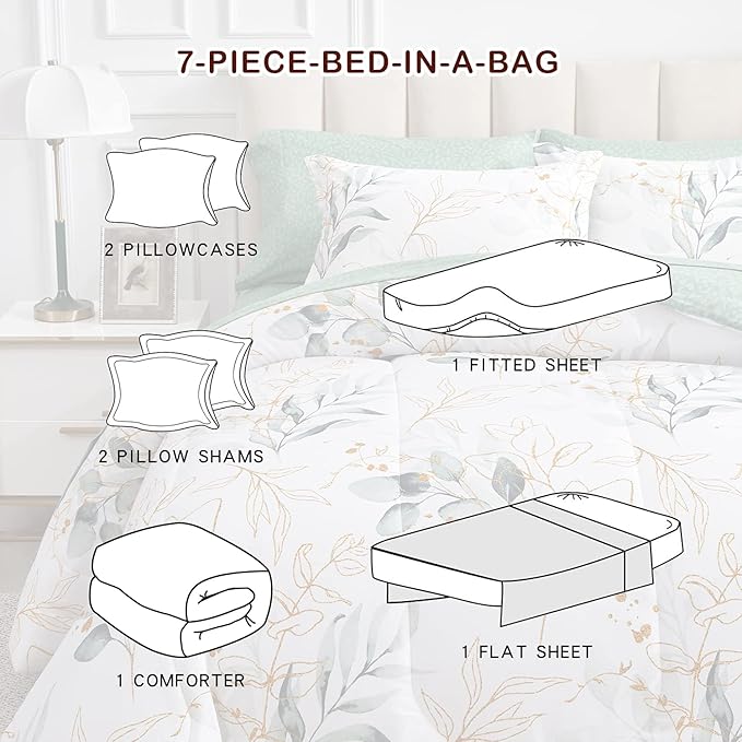 Joyreap 7 Piece Bed in a Bag King, Green Leaves Printed on White Botanical Design, Microfiber Comforter Set for All Season (1 Comforter, 2 Pillow Shams, 1 Flat Sheet, 1 Fitted Sheet, 2 Pillowcases)