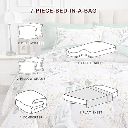 Joyreap 7 Piece Bed in a Bag King, Green Leaves Printed on White Botanical Design, Microfiber Comforter Set for All Season (1 Comforter, 2 Pillow Shams, 1 Flat Sheet, 1 Fitted Sheet, 2 Pillowcases)