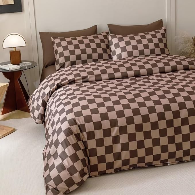 CLOTHKNOW Brown Plaid Comforter Sets Twin/Twin XL 3Pcs Grid Bedding Comforter Sets Dark Brown Checker Comforter Checkered Bedding Sets