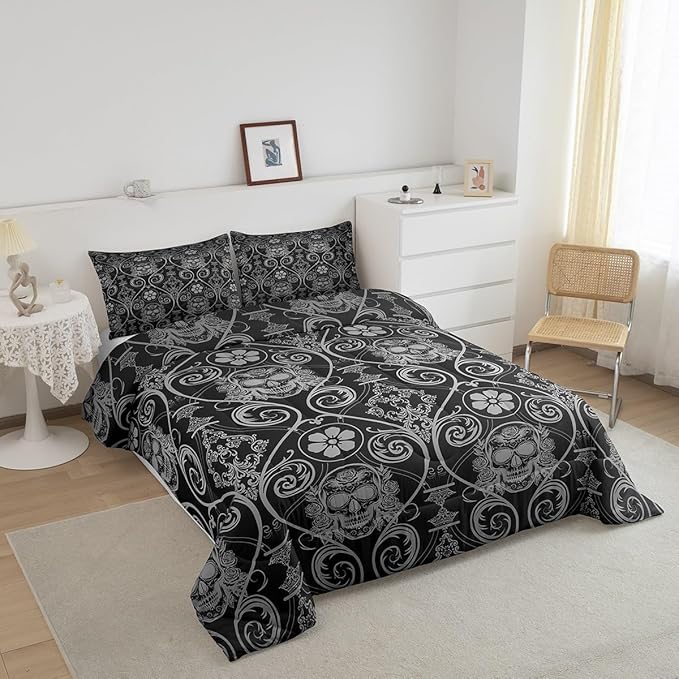Feelyou Adults Grey Vintage Damask Floral Comforter Set Oriental Antique Comforter Full Size Exotic Sugar Skull Rose Bedding Set Gothic Bohemia Boho Duvet Set Quilt Set 3Pcs