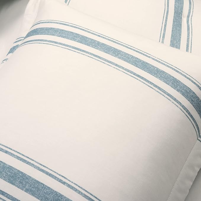Lush Decor Farmhouse Stripe Reversible Cotton Comforter Set, 3 Piece Set, King, Blue - Cozy Farmhouse Bedding Set - Rustic Decor - Striped Comforter - Modern Farmhouse Bedroom Decor