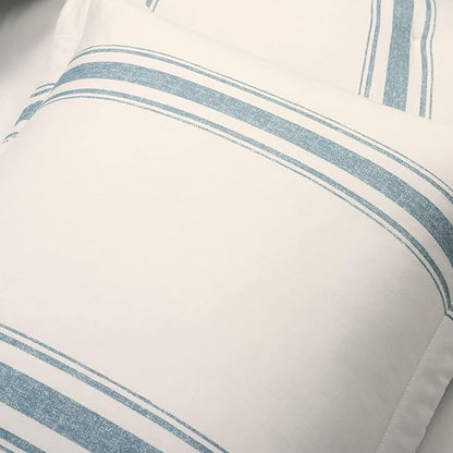 Lush Decor Farmhouse Stripe Reversible Cotton Comforter Set, 3 Piece Set, Full/ Queen, Blue - Cozy F𝐚rmhouse Bedding Set - Rustic Decor - Striped Comforter - Modern Farmho𝐮se Bedroom Decor