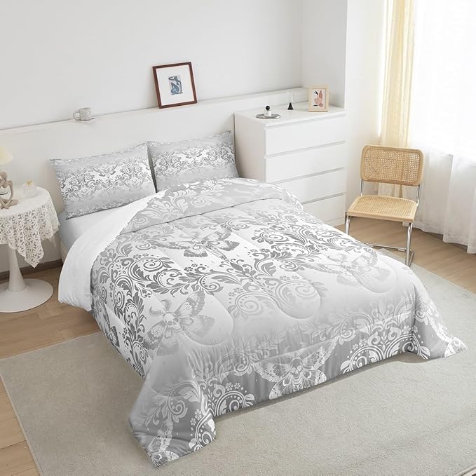 Feelyou Adults Silver Vintage Damask Floral Comforter Set Oriental Antique Comforter King Size Gothic Bohemia Boho Flower Bedding Set Gothic Skull Duvet Set Quilt Set 3Pcs