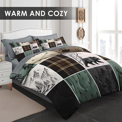 Comforter Set Twin Size, Wildlife Hunting Deer 5 Pcs Bedding for Kids and Adults, Vintage Winter Animal Bear Plaid Bed Sheet Sets with Fitted Sheet Pillowcase & Sham for Bedroom Bed Decor