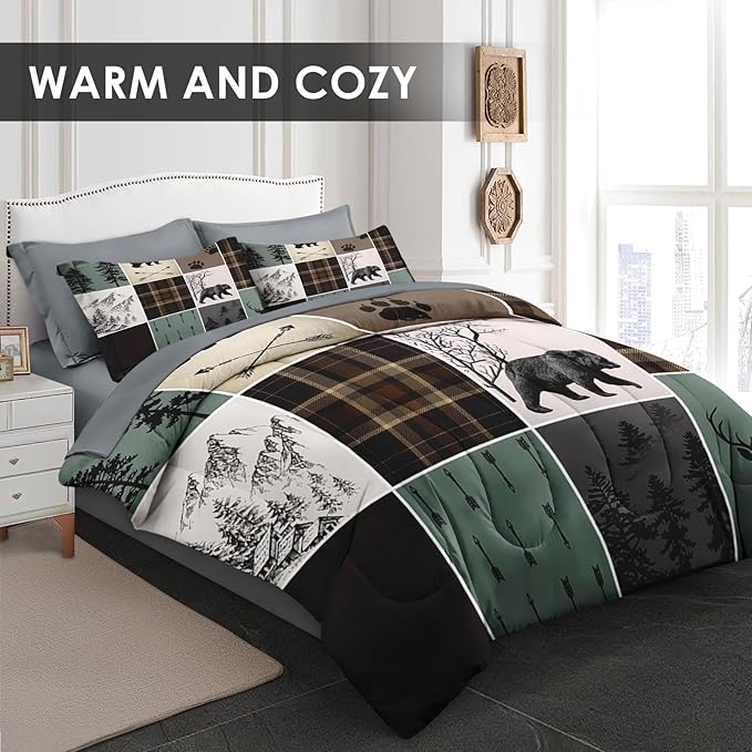 7 Pcs Comforter Set King Size, Wildlife Hunting Deer Bedding Set for Kids and Adults, Vintage Winter Animal Bear Plaid Bed Sheet Sets with Fitted Sheet 2 Pillowcases & 2 Shams