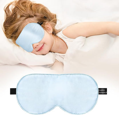 Kids Sleep Mask Eye Cover, 100% Real Natural Pure Silk Eye Mask with Adjustable Strap, Blindfold Kids Eye Mask for Sleeping, Eye Shade for Boys Girls and Adult, Pressure-Free Comfort (Blue)