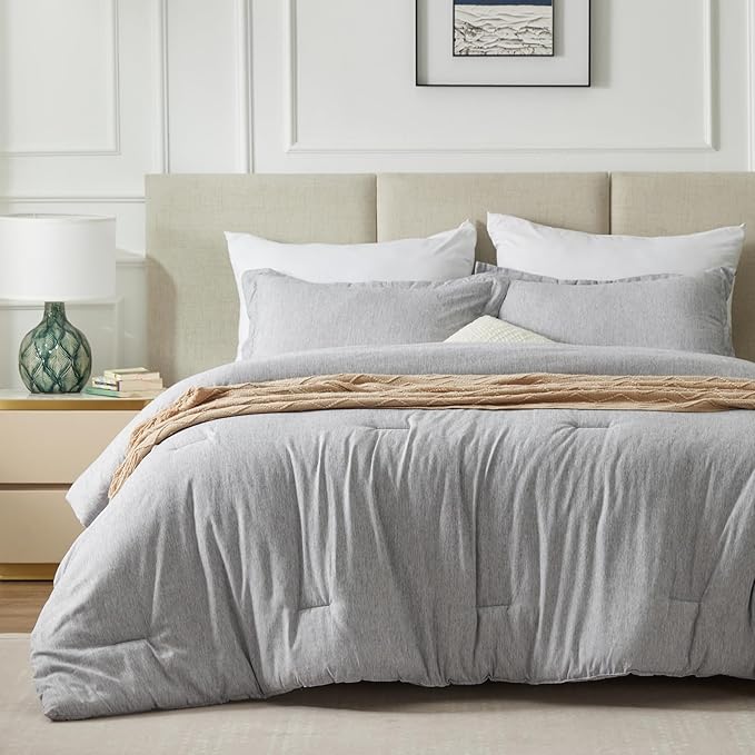 CozyLux Full Size Comforter Set - 3 Pieces Light Grey Soft Luxury Cationic Dyeing Bedding Comforter for All Season, Light Gray Breathable Lightweight Fluffy Bed Set with 1 Comforter and 2 Pillow Shams