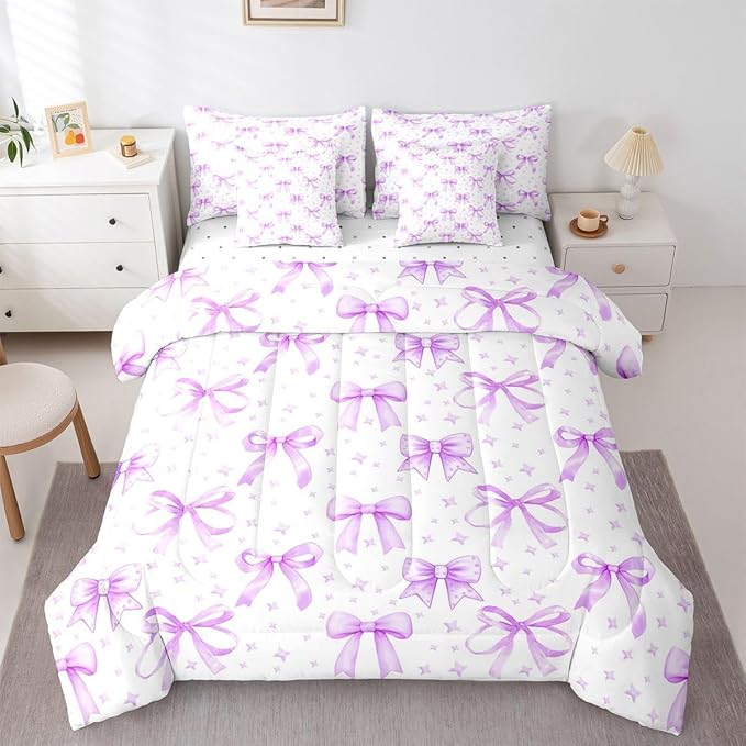 Erosebridal Bow Girls Cute Purple Full Comforter Set 7 Pieces | Starry Bed in A Bag for Bedroom Dreamy Bedding Set with Comforters Bowknot Kawaii Room Decor
