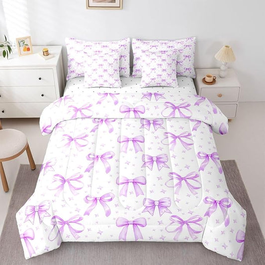 Erosebridal Bow Girls Cute Purple 7 Piece Bedding Set Twin | Starry Comforter Set with Sheets Dreamy Bed in A Bag Bowknot Kawaii Bed Sets