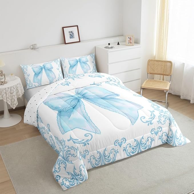 jejeloiu Girls Pretty Ribbon Blue Bow Bedding Set Full Size Blue Damask Comforter Set for Kids Women Cute Bow Duvet Set Princess Quilt Set 3Pcs