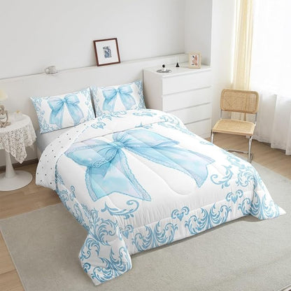 jejeloiu Girls Pretty Ribbon Blue Bow Bedding Set King Size Blue Damask Comforter Set for Kids Women Cute Bow Duvet Set Princess Quilt Set 3Pcs