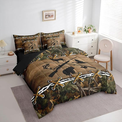 Hunting Comforter Set Full Size Bed Sheets and Comforter Set | Bass Fish Duck Bear Deer 7 Piece Bedding Sets Camo Country Fishing Bed in a Bag, Farmhouse Woodland Animals Room Decor,Rustic Cabin Decor