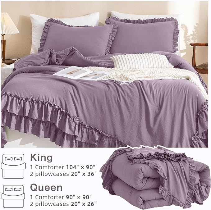Masaca Ruffle Comforter Queen Size,Farmhouse Shabby Boho Chic Bedding Comforter Set,3pcs Ultra Soft Fluffy Grayish Purple Comforter Sets for Queen Bed with 2 Ruffled Pillowcases