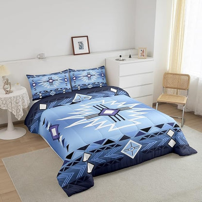 Blue Aztec Tribal Arrow Stripes Comforter Set Twin Size,Southwestern Bedding Set for Kids Girls Boys Adult Room Decor,Rustic Farmhouse Quilt Set Vintage Cowboy Duvet Insert,1 Pillowcase