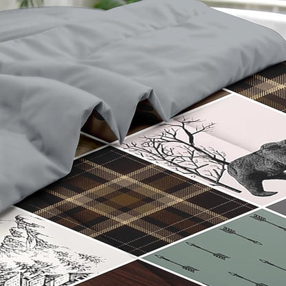 Comforter Set Twin Size, Wildlife Hunting Deer 5 Pcs Bedding for Kids and Adults, Vintage Winter Animal Bear Plaid Bed Sheet Sets with Fitted Sheet Pillowcase & Sham for Bedroom Bed Decor