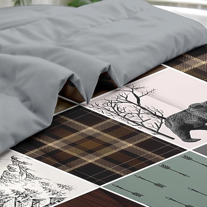 7 Pcs Comforter Set King Size, Wildlife Hunting Deer Bedding Set for Kids and Adults, Vintage Winter Animal Bear Plaid Bed Sheet Sets with Fitted Sheet 2 Pillowcases & 2 Shams