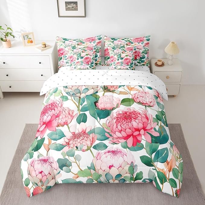 Feelyou Flower Comforter Set Queen Size 7 Pieces Palm Leaf Bedding Set for All Season Floral Blossom Tropical Botanical Nature Decor Bed in a Bag with Comforter, Sheets, Pillowcases & Cushion Cover
