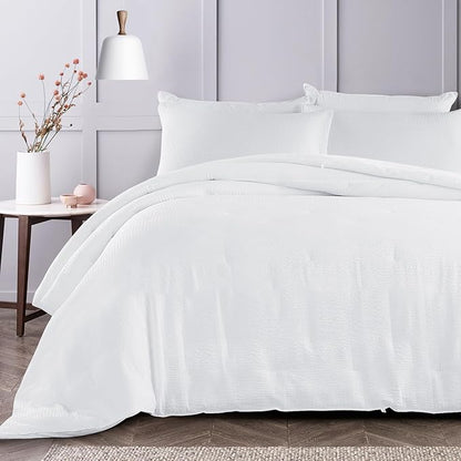 HOMBYS 3 Piece Seersucker Oversized King Comforter Set 128x128, Breathable White Soft Comforter Set, Lightweight Bedding Comforter Sets with Comforter for All Season