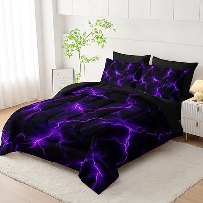 Violet Lightning Comforter Set Queen Thunder Bedding Sets 7PCS,Purple LightLight 7 Piece in A BagLight Violet Lightning Bedding Set 7 Piece in A Bag,Bed Sheet Set Abstract Decor All Seasons