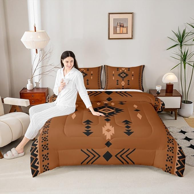Western Aztec Full Size Bedding Set, Native American Navajo Comforter Set For Boys Adult Teens, Southwestern Geometric Duvet Insert Ethnic American Native Quilt Rustic Farmhouse Decor, Brown Black