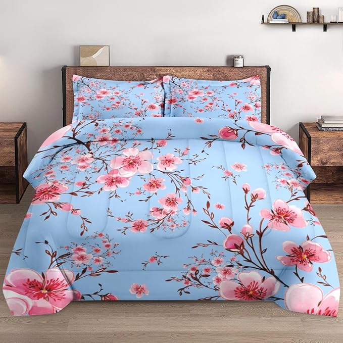 Comforter Set Full Size, Cherry Floral Flower 3 Pcs Soft Bedding Set for Kids and Adults, Summer Vintage Tree Comforter Set with 2 Pillowcases, for Bedroom Bed Decor