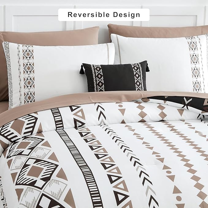 Geniospin Super King Size Comforter Set- 7 Pieces Boho Bed in a Bag, Western Bedding Set for All Seasons, Reversible Aztec Bedding, Lightweight Comforter Bed Set with Sheets, Pillowcases & Shams