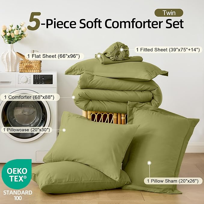 FUANNA Twin Comforter Set Olive Green, 5 Pieces Soft Twin Size Bedding Sets, All Season Lightweight Bed in a Bag with Comforter, Flat Sheet, Fitted Sheet, Pillowcase & Sham