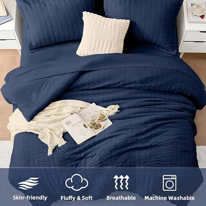 FUANNA Queen Comforter Set 7 Pieces, Luxury Seersucker Bed in a Bag Queen Size for All Seasons, Soft Bedding Set with Comforter, Flat Sheet, Fitted Sheet, Pillowcases & Shams for Bedroom, Navy Blue