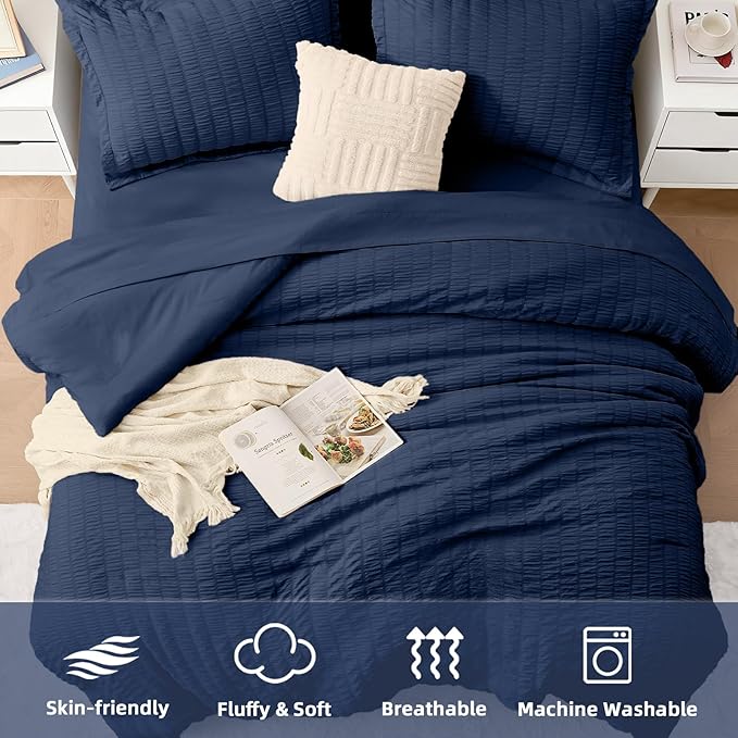 FUANNA King Size Comforter Set 7 Pieces, Luxury Seersucker Bed in a Bag King for All Seasons, Soft King Bedding Set with Comforter, Flat Sheet, Fitted Sheet, Pillowcases & Shams for Bedroom, Navy Blue